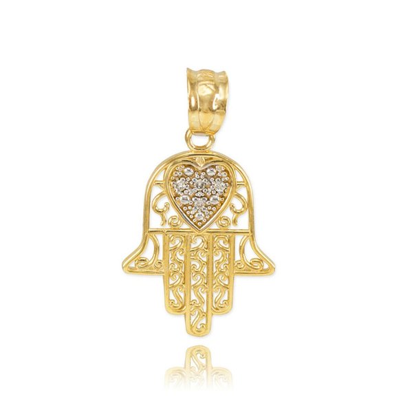 14K Solid Real Gold Diamond Filigree Hamsa Pendant